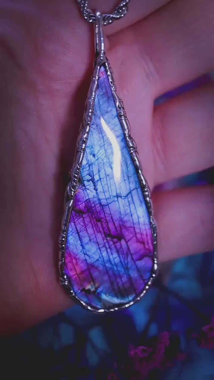 Large statement, rainbow coloured, Labradorite crystal, soft soldered pendant necklace: Crystal jewellery gifts