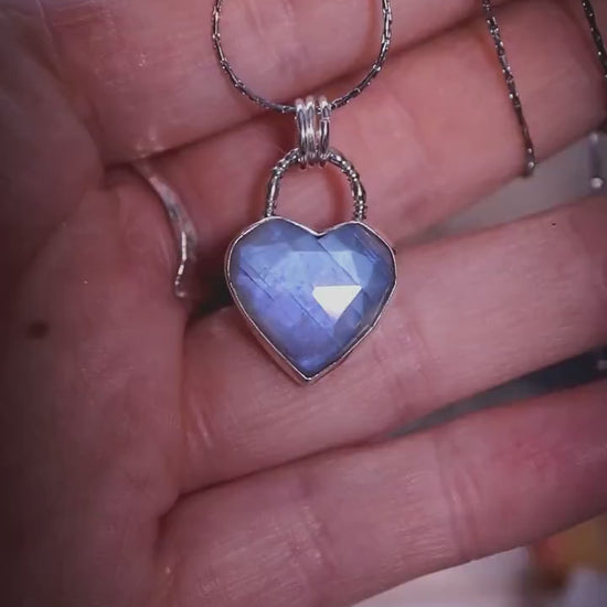 MTO - Handmade, Flashy, rose cut Rainbow Moonstone heart pendant necklace - crystal and jewellery gifts