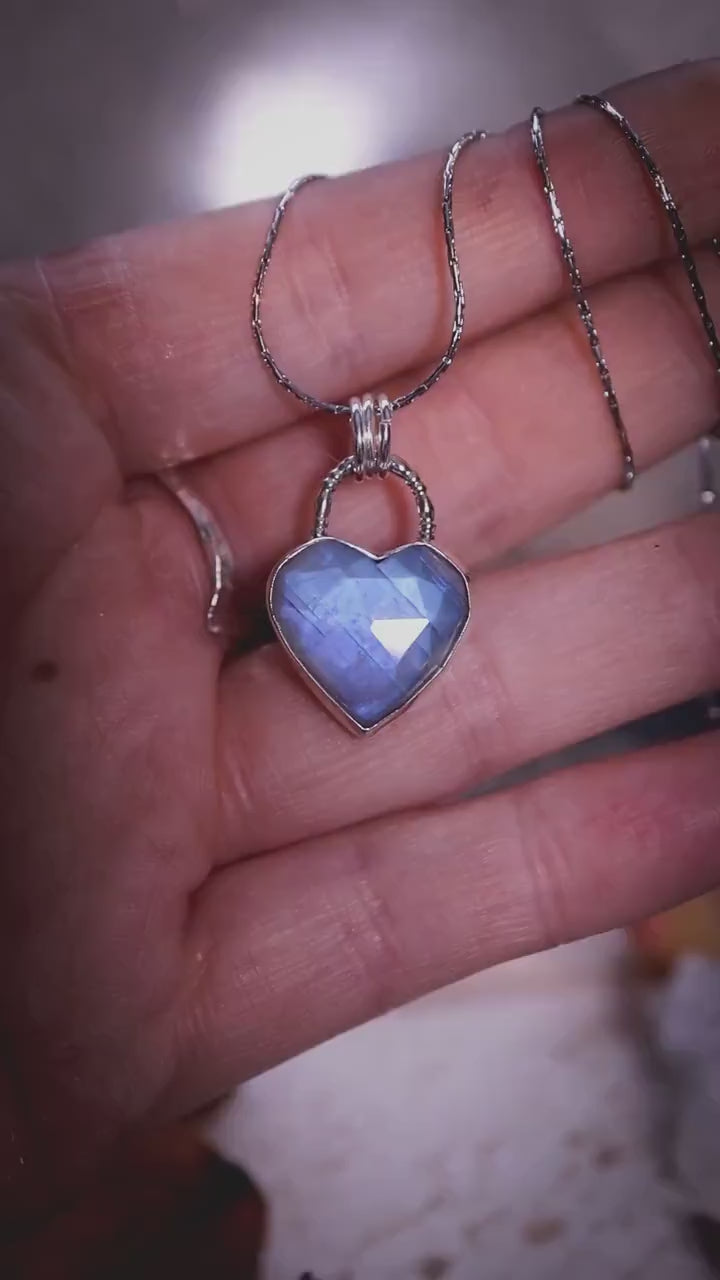 MTO - Handmade, Flashy, rose cut Rainbow Moonstone heart pendant necklace - crystal and jewellery gifts