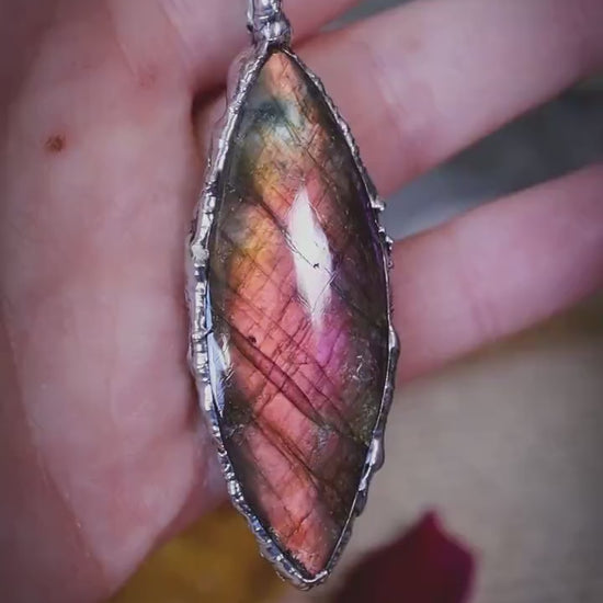 Handmade flashy pink, orange and purple labradorite spectrolite soft soldered pendant - witchy jewellery, gothic style
