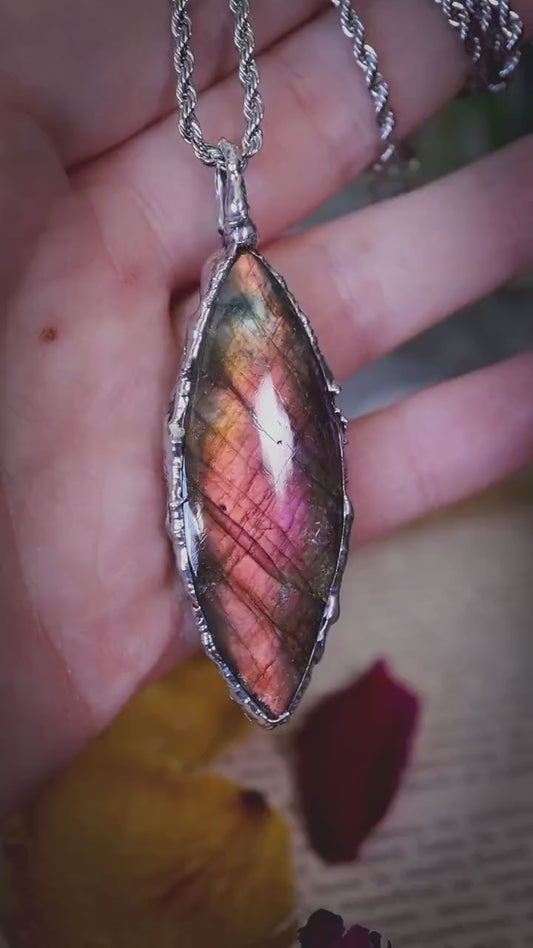 Handmade flashy pink, orange and purple labradorite spectrolite soft soldered pendant - witchy jewellery, gothic style