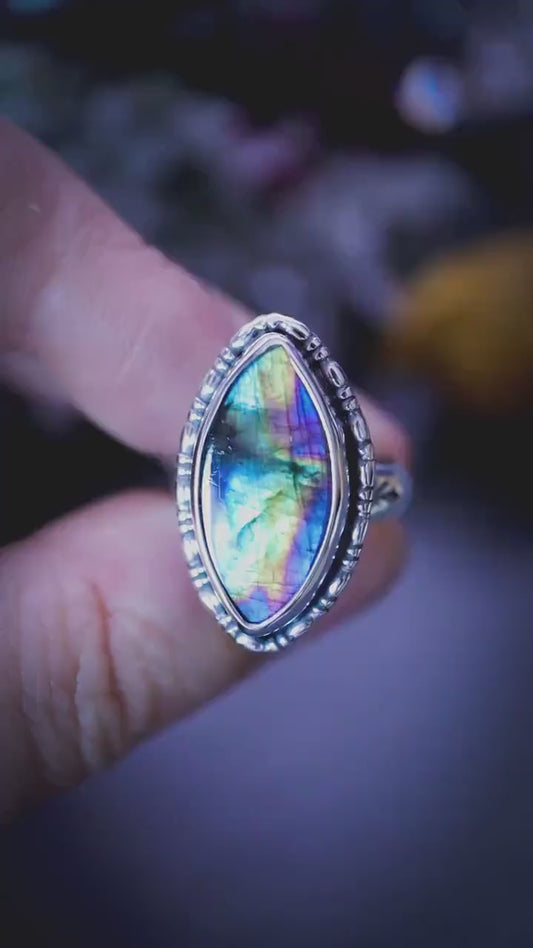Gothic and handmade, natural rainbow spectrolite labradorite crystal, sterling silver, statement ring - Jewellery and crystal gifts