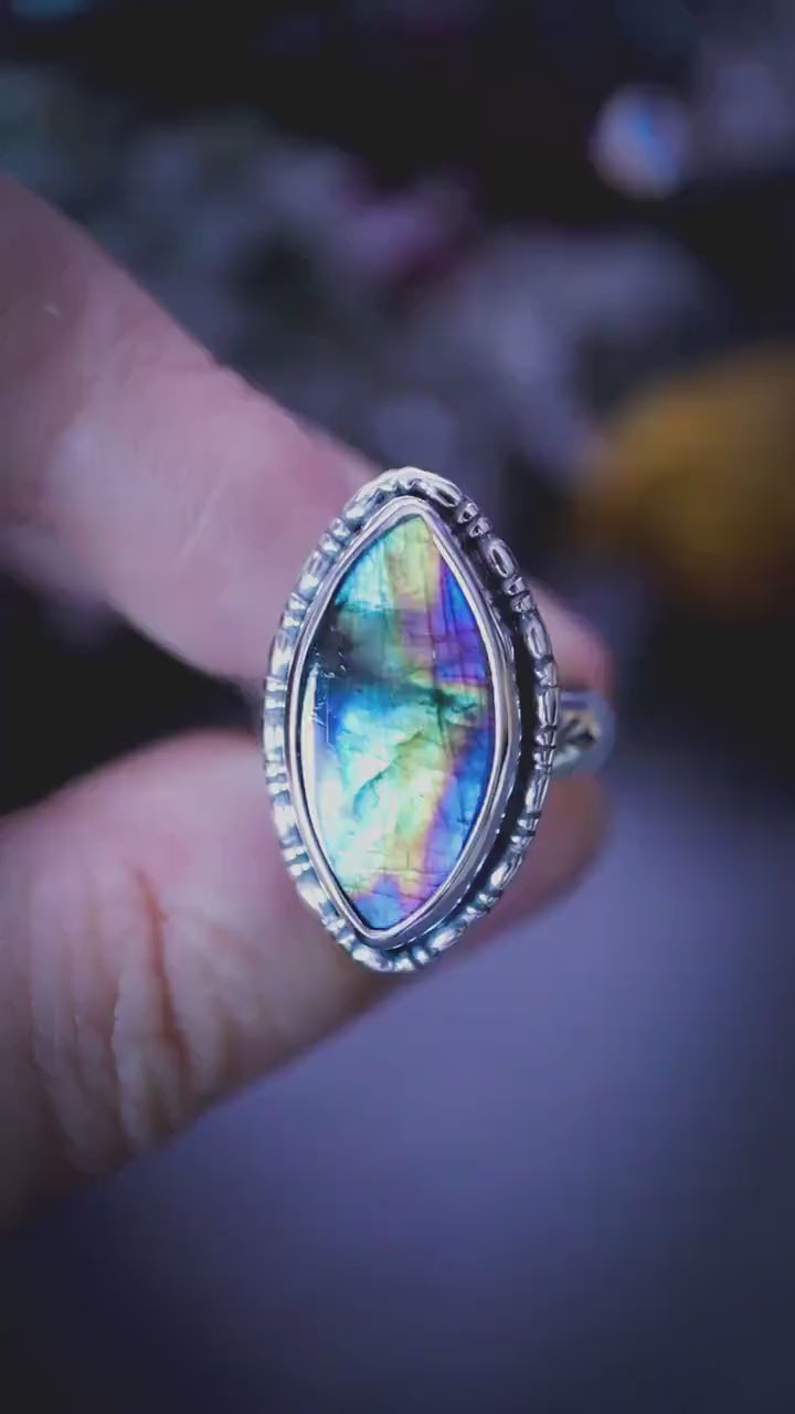 Gothic and handmade, natural rainbow spectrolite labradorite crystal, sterling silver, statement ring - Jewellery and crystal gifts