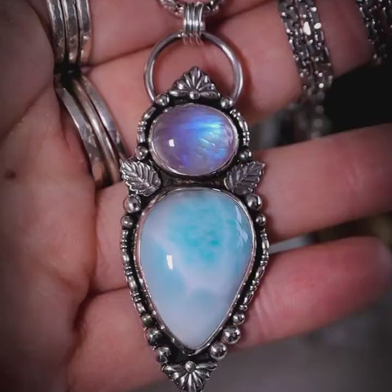 Handmade, Larimar and Rainbow Moonstone, Multi Stone Crystal Pendant Necklace - Crystal Gifts