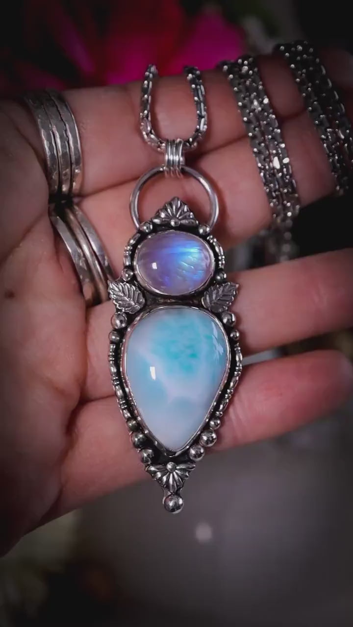 Handmade, Larimar and Rainbow Moonstone, Multi Stone Crystal Pendant Necklace - Crystal Gifts