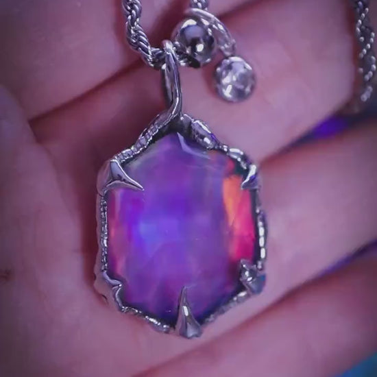 Witchy, soft soldered, pink, orange and green aurora opal pendant necklace - Gothic Jewellery gifts