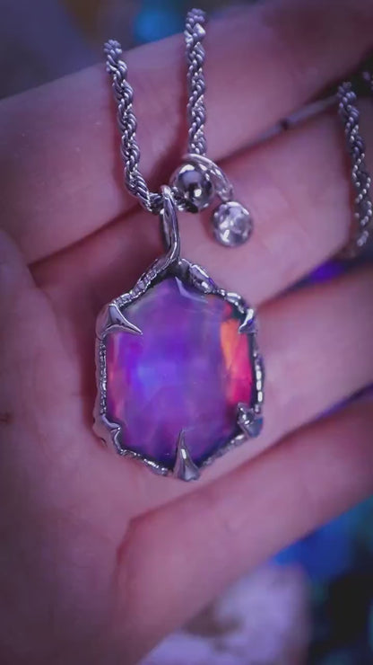 Witchy, soft soldered, pink, orange and green aurora opal pendant necklace - Gothic Jewellery gifts