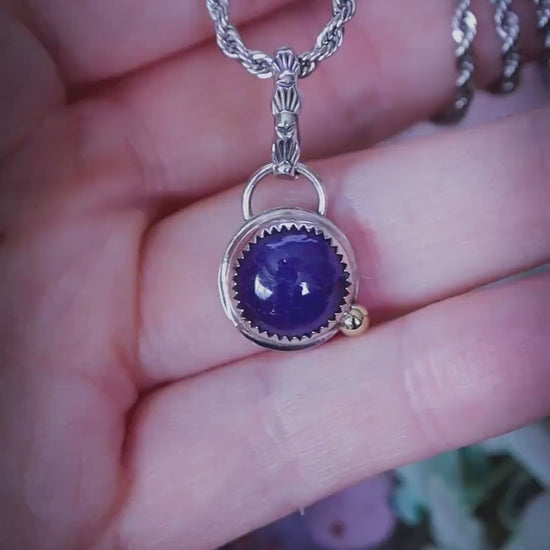Sterling Silver, Tanzanite Pendant Necklace, Brass Accent ball and Patterned Bail, Handmade Boho Jewellery