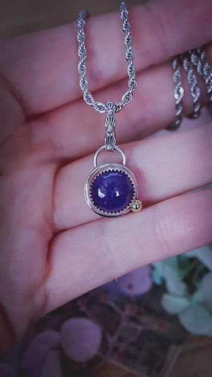 Sterling Silver, Tanzanite Pendant Necklace, Brass Accent ball and Patterned Bail, Handmade Boho Jewellery