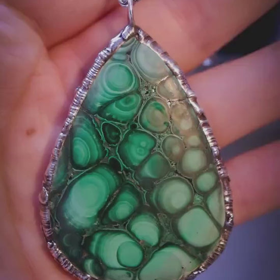 Handcrafted and beautiful, large malachite crystal, soft soldered pendant necklace - unique crystal jewellery gifts