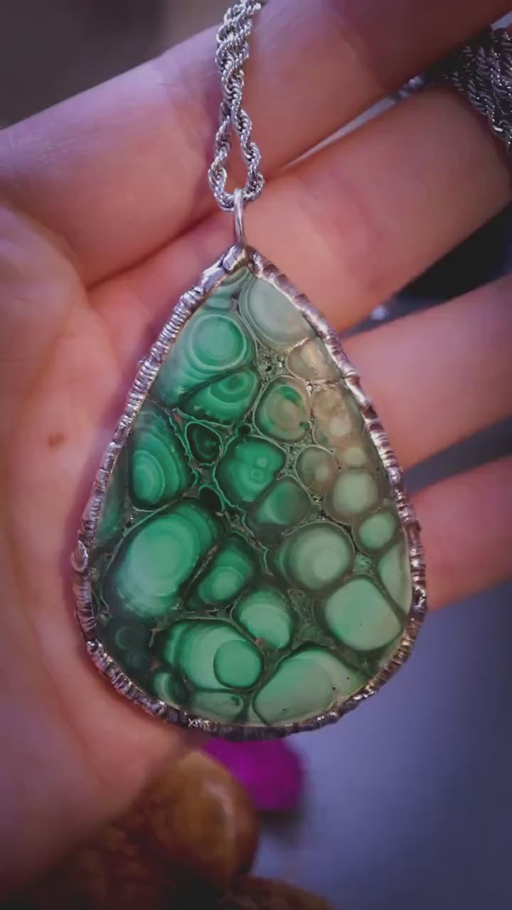 Handcrafted and beautiful, large malachite crystal, soft soldered pendant necklace - unique crystal jewellery gifts