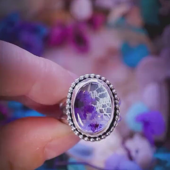 Handmade and very unique, sterling silver, quartz crystal, botanical mini statement ring - gifts for her, crystal gifts