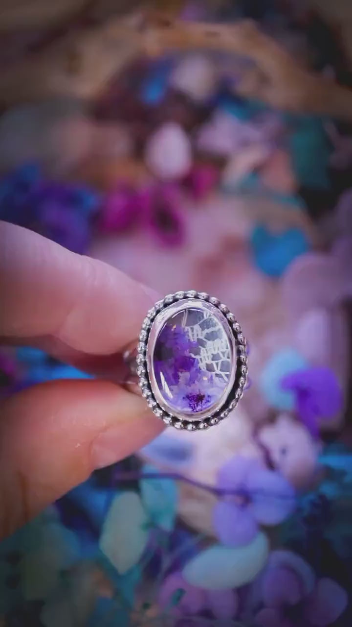 Handmade and very unique, sterling silver, quartz crystal, botanical mini statement ring - gifts for her, crystal gifts