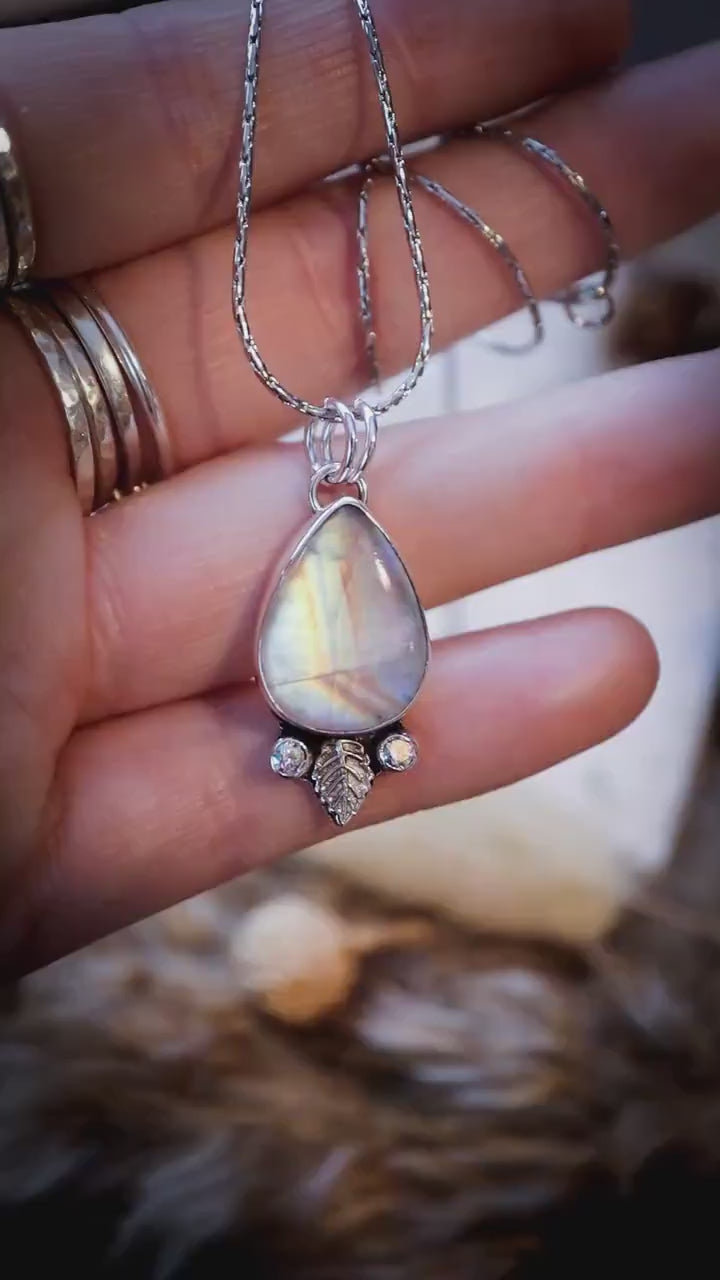 Handmade, Flashy Rainbow Moonstone and Cubic zirconia pendant necklace - Crystal Gifts