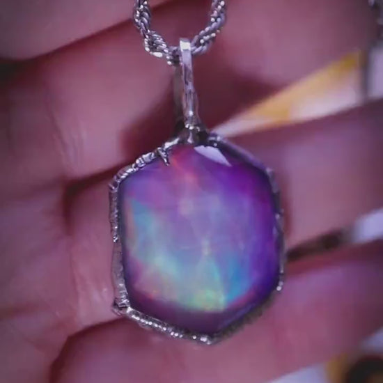 Fairy and witchy, soft soldered, pink and blue aurora opal pendant necklace - Gothic Jewellery gifts