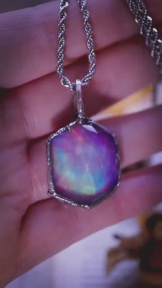Fairy and witchy, soft soldered, pink and blue aurora opal pendant necklace - Gothic Jewellery gifts