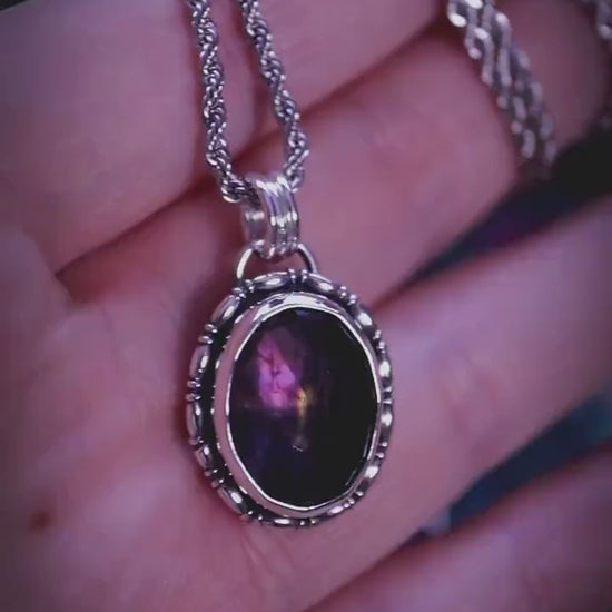 Handcrafted purple labradorite, sterling silver pendant necklace: gothic and witchy crystal jewellery gifts