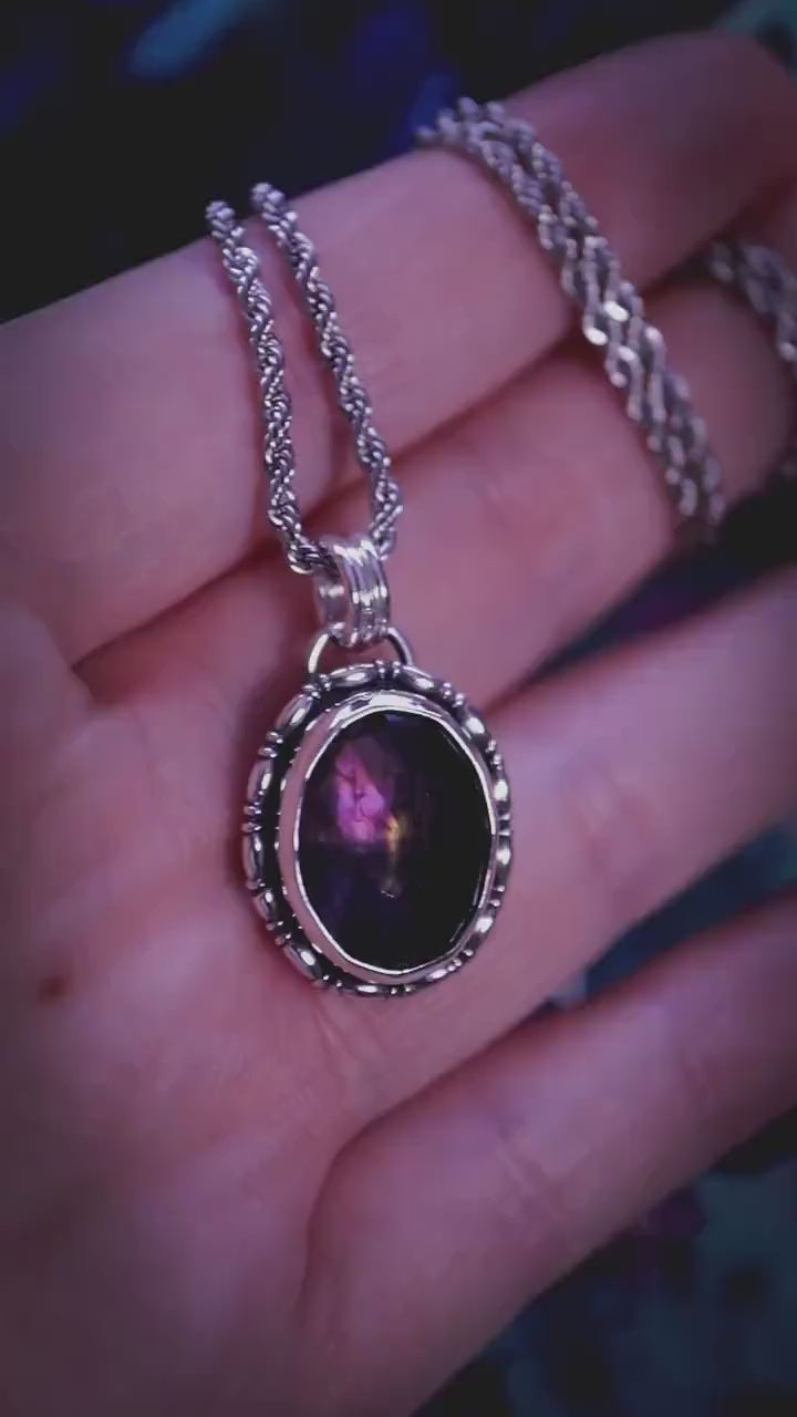 Handcrafted purple labradorite, sterling silver pendant necklace: gothic and witchy crystal jewellery gifts
