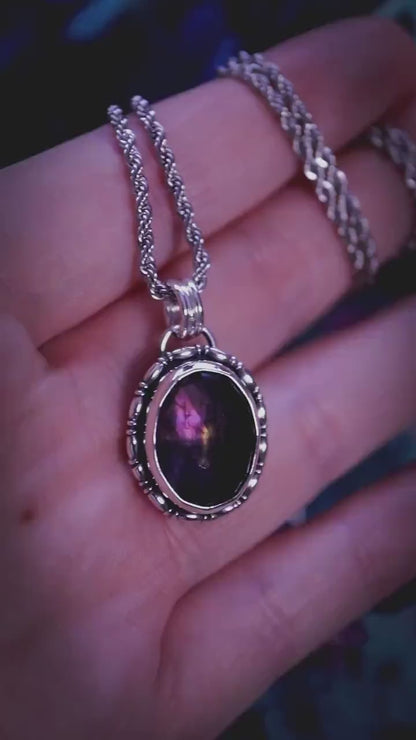 Handcrafted purple labradorite, sterling silver pendant necklace: gothic and witchy crystal jewellery gifts