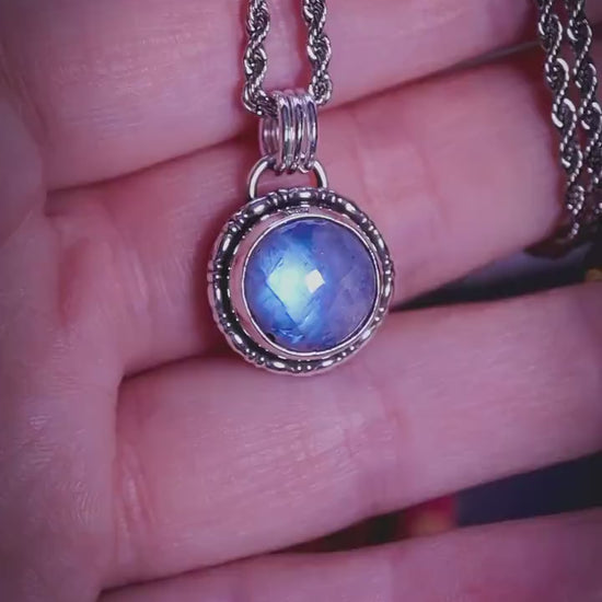 Handcrafted and unique, rainbow moonstone, sterling silver pendant necklace - Crystal jewellery gifts - June Birthstone