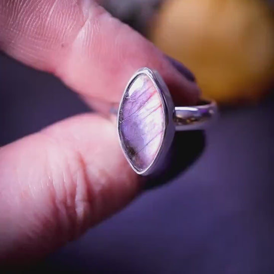 Handmade, sterling silver, pink, purple, and orange labradorite stacking ring - gifts for her, crystal gifts