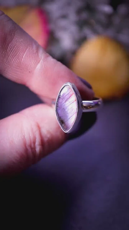 Handmade, sterling silver, pink, purple, and orange labradorite stacking ring - gifts for her, crystal gifts