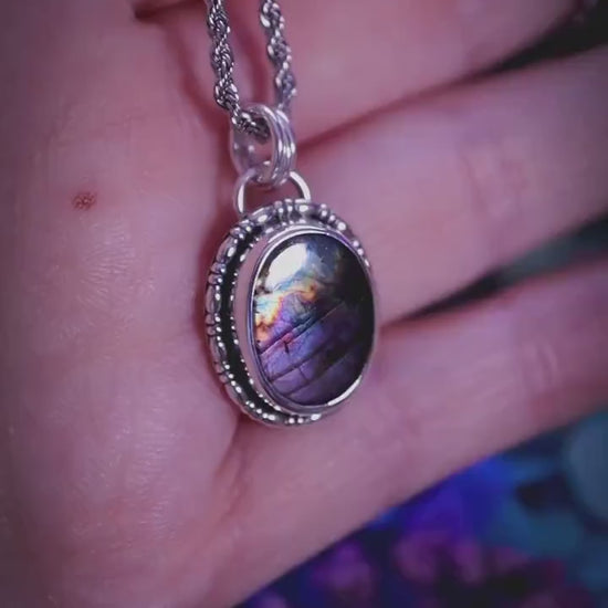 Handcrafted purple labradorite, sterling silver pendant necklace: gothic and witchy crystal jewellery gifts