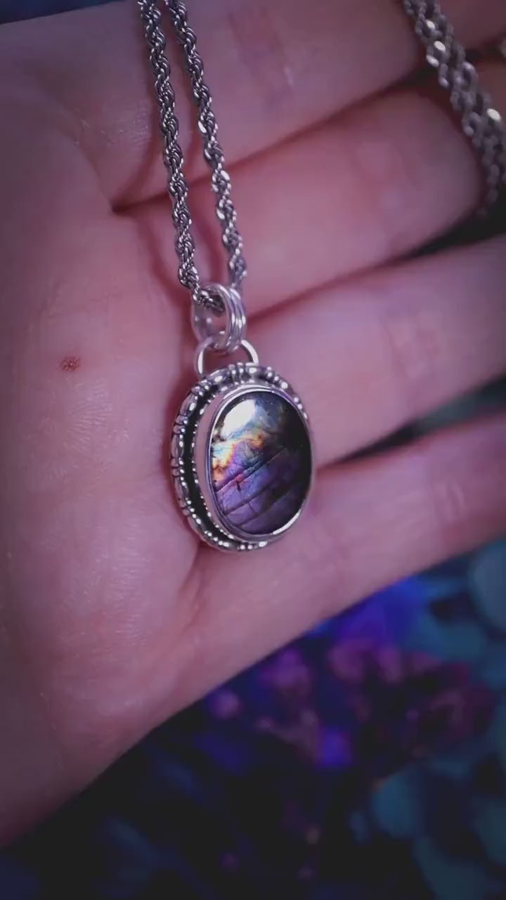 Handcrafted purple labradorite, sterling silver pendant necklace: gothic and witchy crystal jewellery gifts