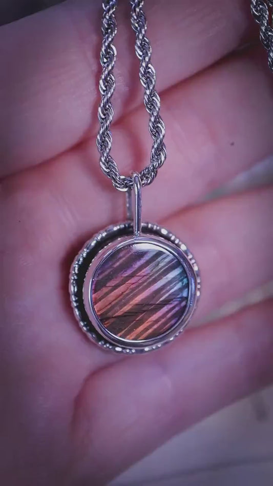 Handcrafted and dainty, purple, orange and silver Labradorite Spectrolite, silver pendant necklace -  crystal jewellery gifts
