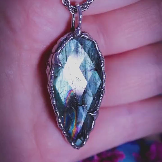 Handmade, teal green and rainbow, Labradorite, soft soldered pendant necklace: Crystal, gothic jewellery gifts