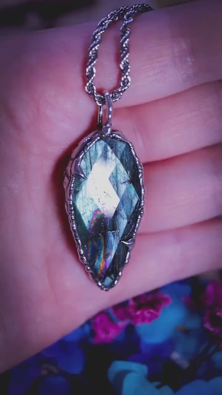 Handmade, teal green and rainbow, Labradorite, soft soldered pendant necklace: Crystal, gothic jewellery gifts