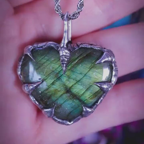 Handmade and bespoke, Green Labradorite heart crystal, soft soldered pendant necklace: Crystal jewellery gifts