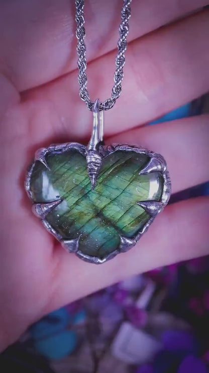 Handmade and bespoke, Green Labradorite heart crystal, soft soldered pendant necklace: Crystal jewellery gifts