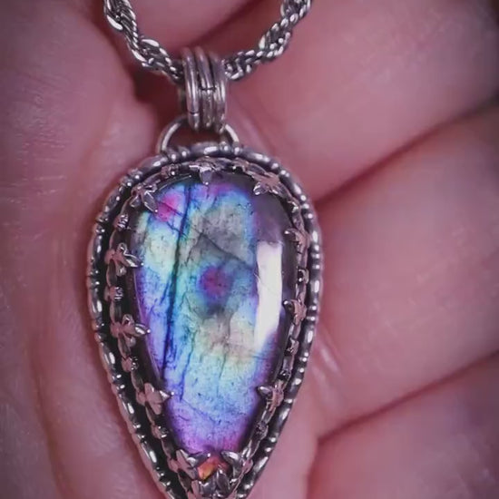 Handcrafted rainbow labradorite, sterling silver pendant necklace: gothic and witchy crystal jewellery gifts