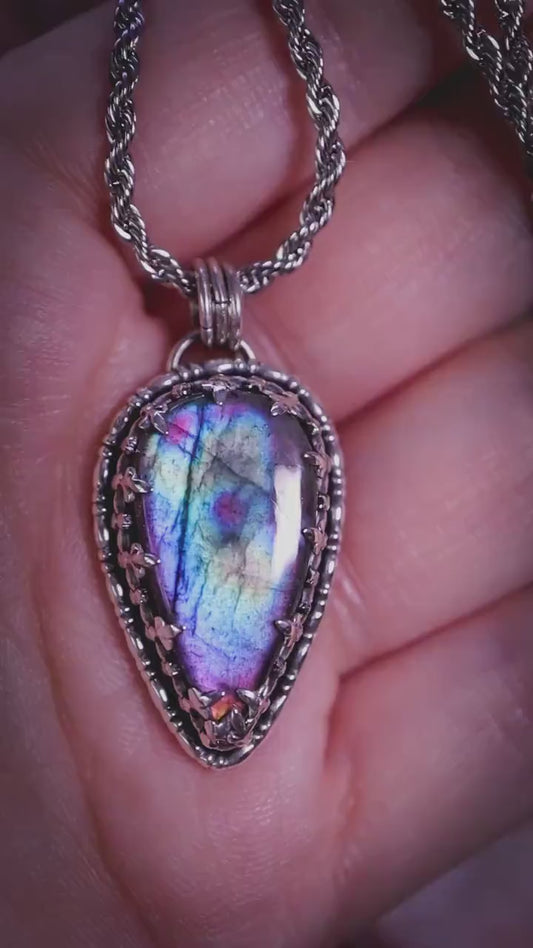Handcrafted rainbow labradorite, sterling silver pendant necklace: gothic and witchy crystal jewellery gifts