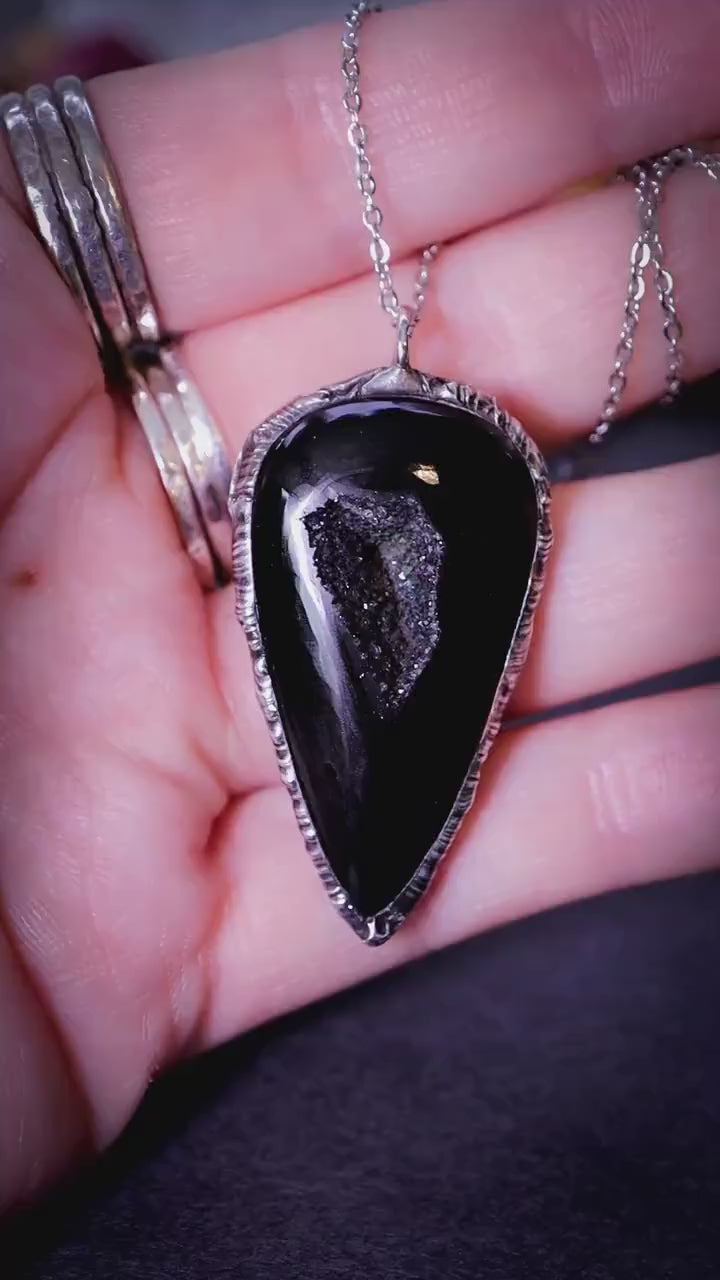 Gothic and witchy, soft soldered, black druzy agate pendant necklace - Jewellery gifts