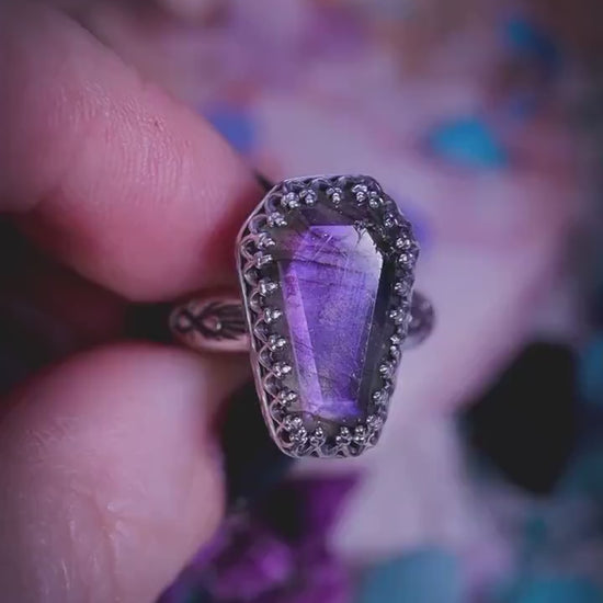 Handmade Purple Labradorite Coffin, Sterling Silver Mini Statement Stacker Ring: Gothic Witchy Jewellery