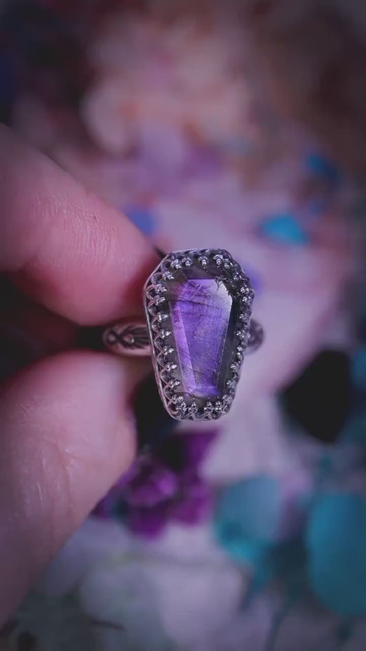 Handmade Purple Labradorite Coffin, Sterling Silver Mini Statement Stacker Ring: Gothic Witchy Jewellery