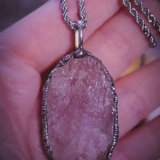 Beautiful and one of a kind, raw rose quartz, soft soldered, crystal pendant necklace - Jewellery gifts for crystal lovers