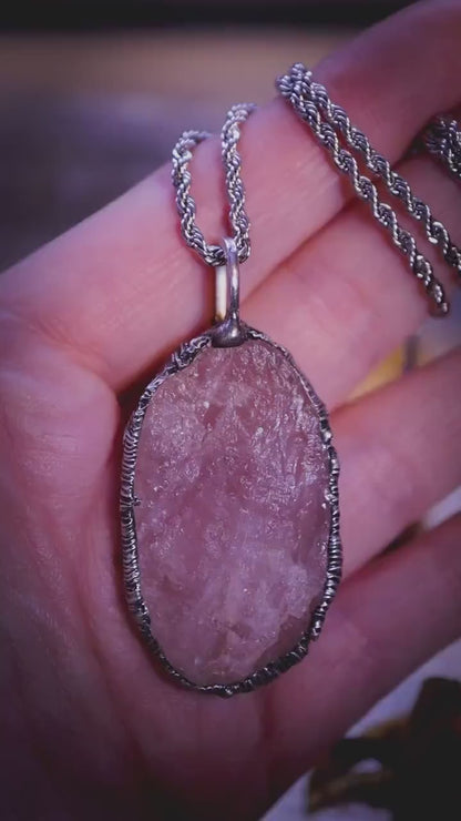 Beautiful and one of a kind, raw rose quartz, soft soldered, crystal pendant necklace - Jewellery gifts for crystal lovers