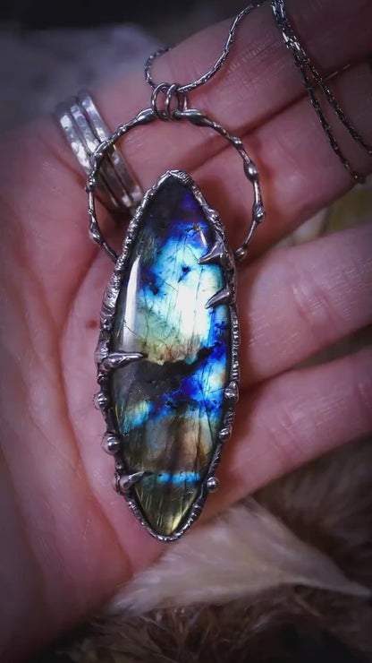 Flashy green and blue labradorite, soft soldered, crystal pendant - witchy jewellery, gothic style