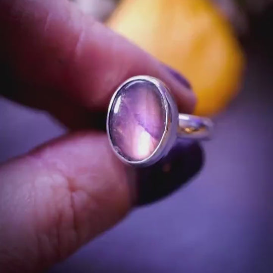 Handcrafted, gorgeous purple and pink flash, natural labradorite spectrolite, silver stacking ring - crystal healing