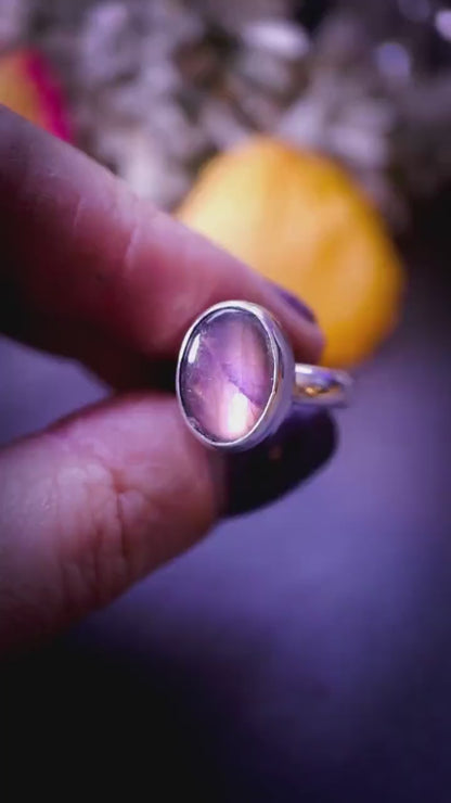 Handcrafted, gorgeous purple and pink flash, natural labradorite spectrolite, silver stacking ring - crystal healing