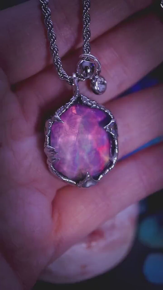 Witchy, soft soldered, pink, orange and green aurora opal pendant necklace - Gothic Jewellery gifts