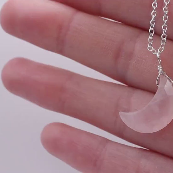 Dainty, Rose Quartz Facetted Moon Pendant - 925 Sterling silver cable chain - for love & self-esteem