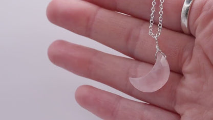 Dainty, Rose Quartz Facetted Moon Pendant - 925 Sterling silver cable chain - for love & self-esteem