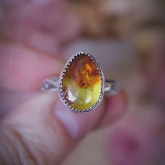 Handmade Amber Ring, UK O 1/2 - Sterling and Fine Silver Ring - Baltic Amber Jewellery - Boho Statement Ring