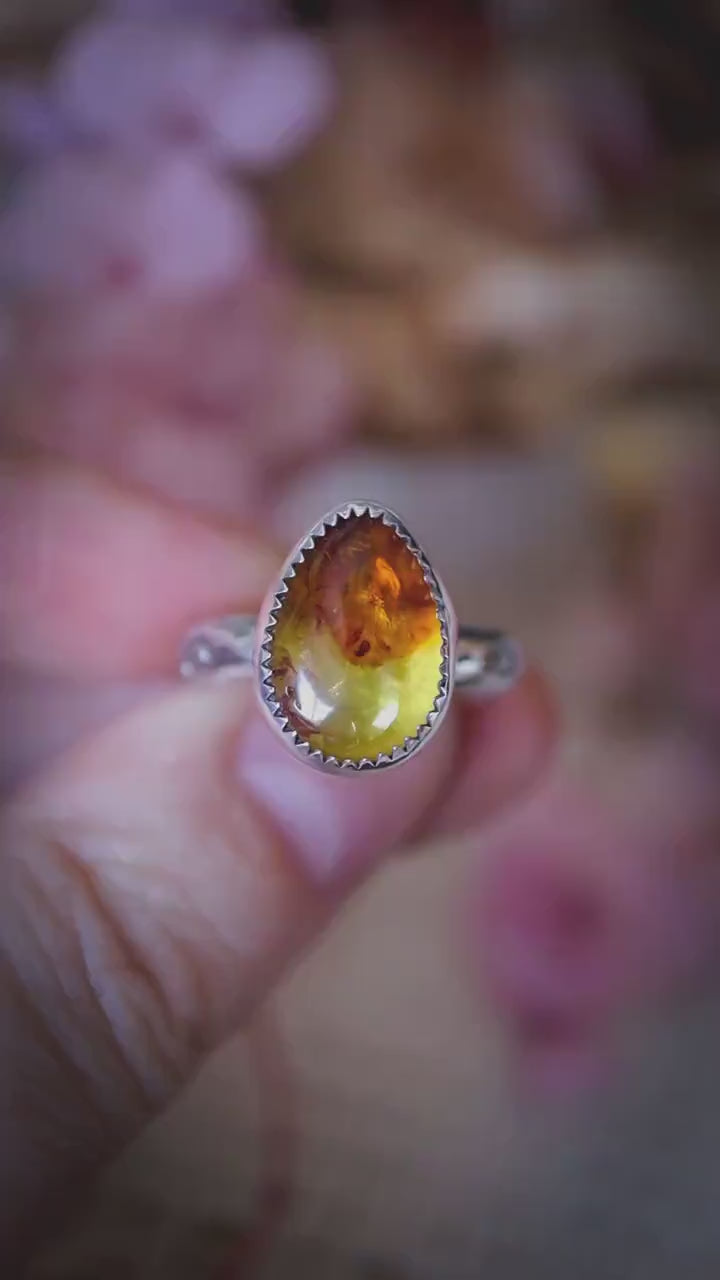 Handmade Amber Ring, UK O 1/2 - Sterling and Fine Silver Ring - Baltic Amber Jewellery - Boho Statement Ring