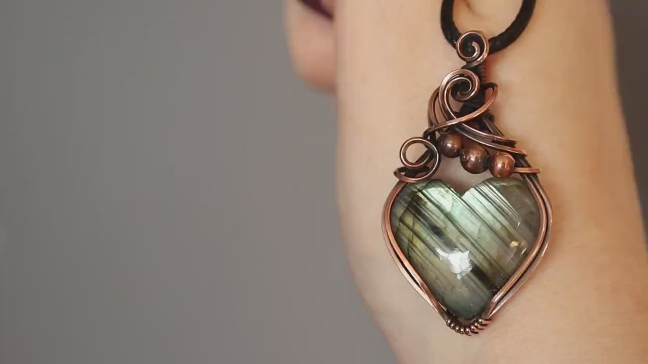 Green / Yellow Autumn Flash Labradorite Heart Pendant - Wrapped in oxidised copper - Handmade Pendant