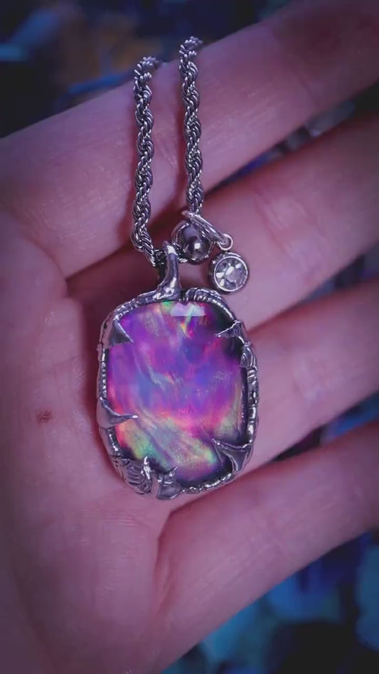 Witchy, soft soldered, pink, orange and green aurora opal pendant necklace - Gothic Jewellery gifts